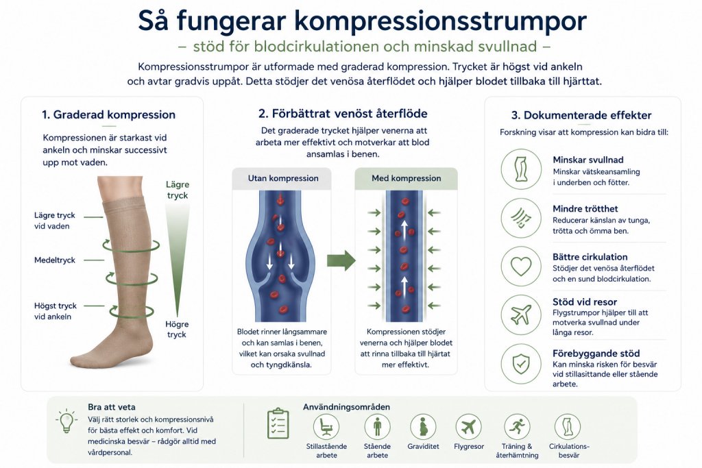 Infografik som förklarar hur kompressionsstrumpor förbättrar blodcirkulation och minskar svullnad